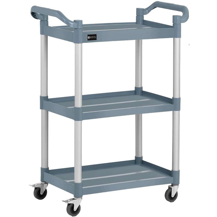 Carucior pentru catering, Royal Catering, Aluminiu/Plastic, 3 rafturi, 630 x 400 mm, Pana la 90 Kg, Gri/Argintiu