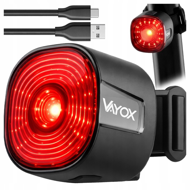 Stop bicicleta cu LED-uri Vayox VA0156, sursa 17x SMD, 100 lumeni, Baterie 100h, 2 metode universale de asamblare, 6 moduri luminare, incarcare USB-C, rezistenta la apa IPX6, wireless, Negru