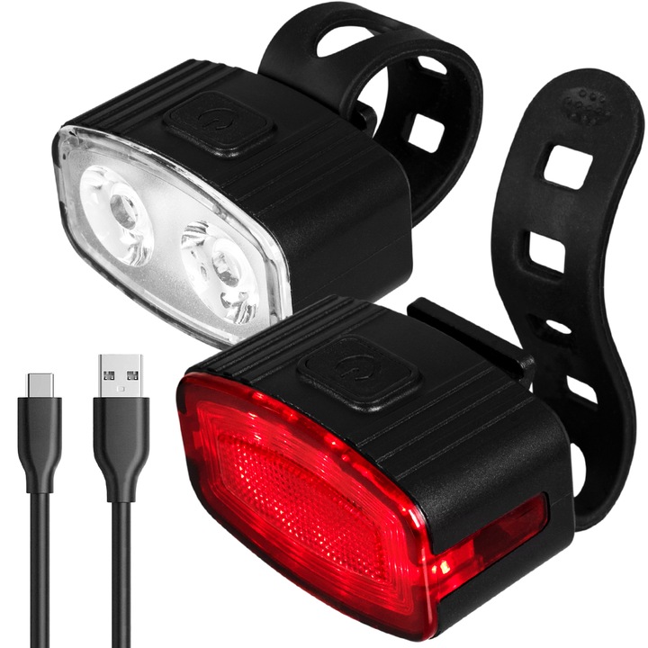 Vayox VA0155 LED zseblámpa szett, első és hátsó kerékpáros fényszóró, 2x 200 lumen, vízálló, gyorsszerelő rendszer, 6 világítási mód, USB-C töltés, vezeték nélküli, fekete
