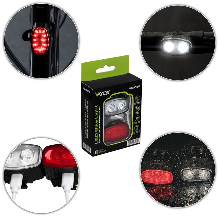 Комплект LED фенерче Vayox VA0155, преден и заден велосипеден фар, 2x 200 лумена, водоустойчив, система за бързо сглобяване, 6 режима на светене, USB-C зареждане, безжичен, черен