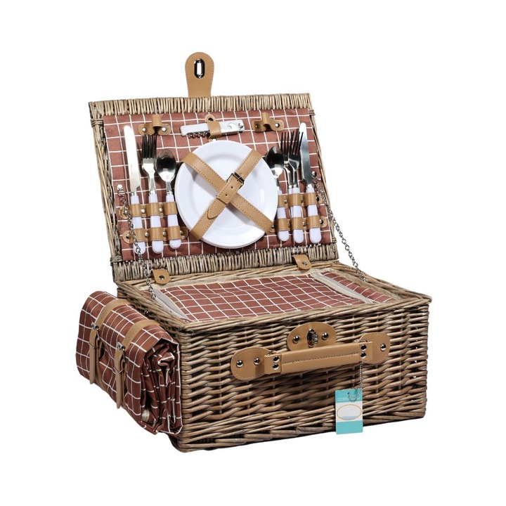 Кошница за пикник за 4 души от светлокафява естествена ракита със сервизи, прибори и одеяло, Hectarul