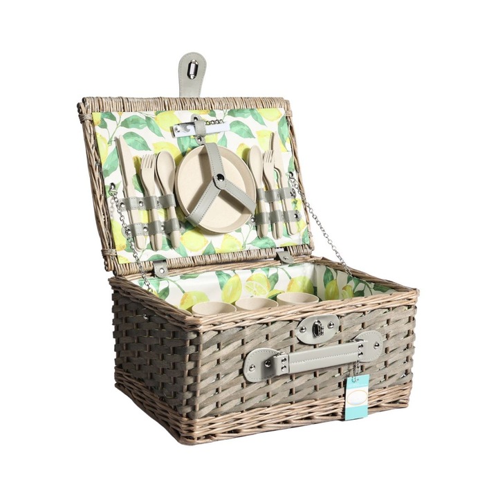 Кошница за пикник за 4 души от светлокафява естествена ракита със сервиз и пластмасови прибори, Hectarul
