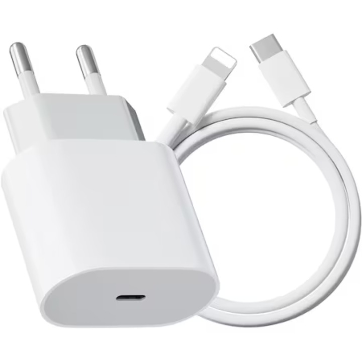 Зарядно за iPhone 14/13/12/11/Pro/Pro Max/iPad/AirPods, Lightning кабел за данни, Бързо зареждане 20W, Apple опаковка, Бяло/Сиво