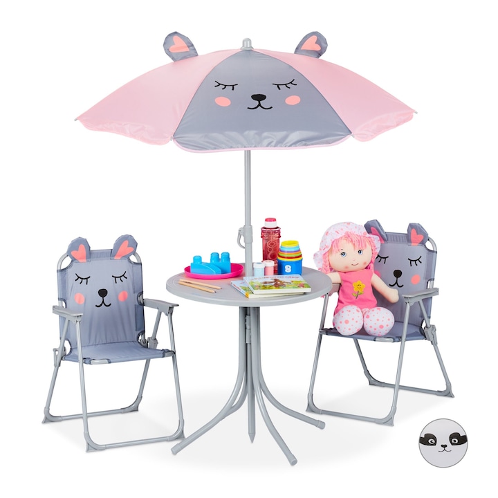 Set masa cu 2 scaune si umbrela pentru copii, fier/poliester, roz/gri