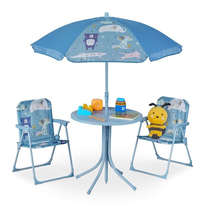 Set masa cu 2 scaune si umbrela pentru copii, fier/poliester, albastru
