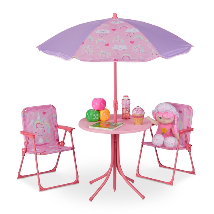 Set masa cu 2 scaune si umbrela pentru copii, fier/poliester, unicorn