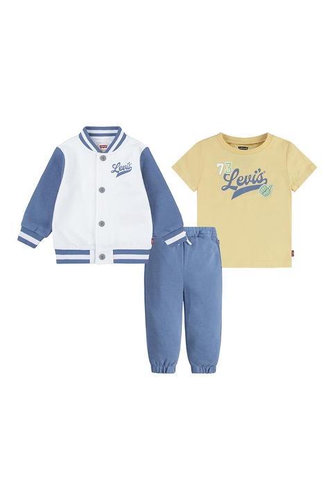 Levi's, Set de pantaloni de trening, tricou si jacheta college din amestec de bumbac, Alb/Galben/Albastru prafuit
