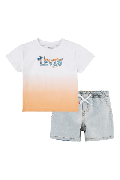 Levi's, Set de pantaloni scurti si tricou din amestec de bumbac, Portocaliu pal/Albastru deschis