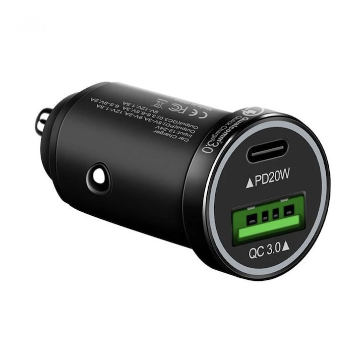 Incarcator Auto 30W, 1 x USB, 1 x USB Tip C, Incarcare Rapida, Corp Metalic, 12-24V
