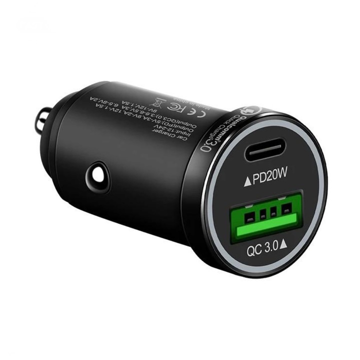 Autós töltő 30 W, 1 x USB, 1 x USB Type C, gyorstöltés, fém ház, 12-24 V