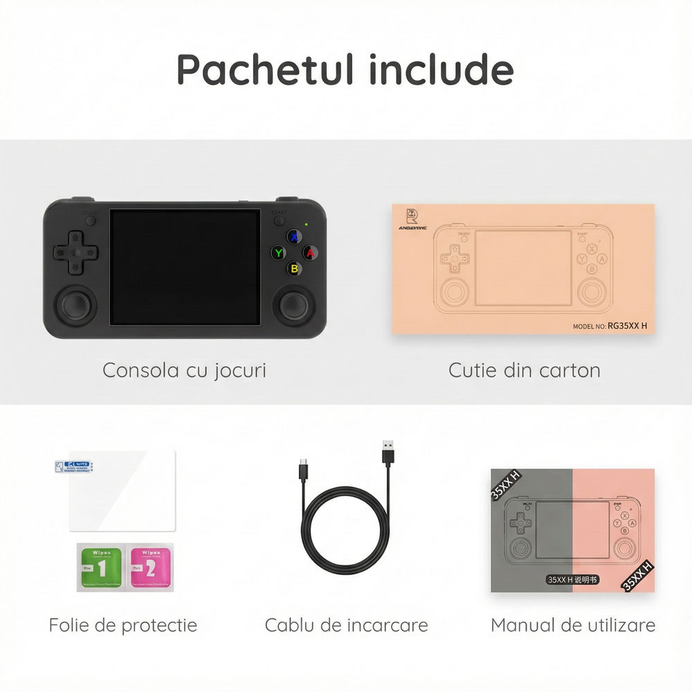 Consola portabila retro ANBERNIC RG35XX H cu jocuri, quad core Cortex-A53 1.5GHz, 1GB LPDDR4, IPS LCD 3.5" 640x480, 3300 mAh, WiFi 5, Bluetooth 4.2, negru