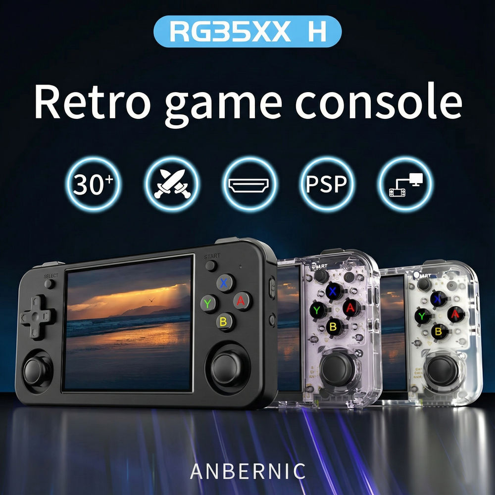 Consola portabila retro ANBERNIC RG35XX H cu jocuri, quad core Cortex-A53 1.5GHz, 1GB LPDDR4, IPS LCD 3.5" 640x480, 3300 mAh, WiFi 5, Bluetooth 4.2, alb transparent