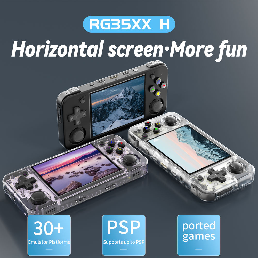 Consola portabila retro ANBERNIC RG35XX H cu jocuri, quad core Cortex-A53 1.5GHz, 1GB LPDDR4, IPS LCD 3.5" 640x480, 3300 mAh, WiFi 5, Bluetooth 4.2, alb transparent