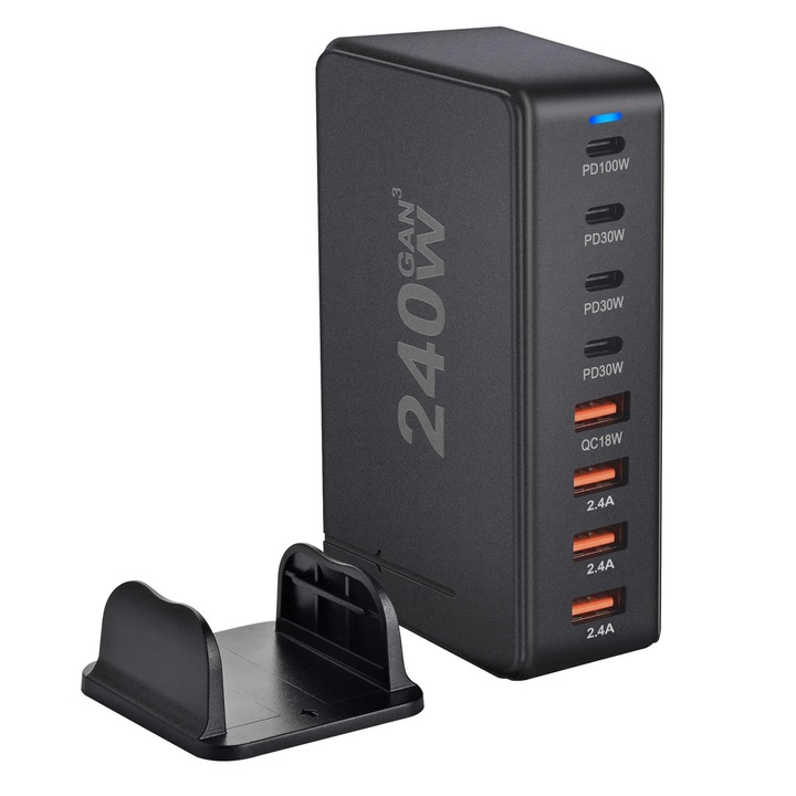 Преносимо зарядно устройство 240W GaN 8 порта QC2.0, QC3.0, PD, PD 3.0 Станция за бързо зареждане USB Type-C за MacBook Pro, лаптоп, iPad, Samsung Galaxy, iPhone, RiKbo