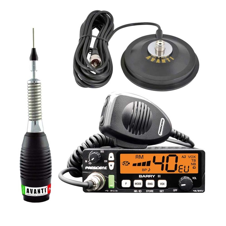 Kit Statie Radio President Barry II AM/FM ASC, 12/24v + Antena Avanti Forte +magnet Avanti 145pl b