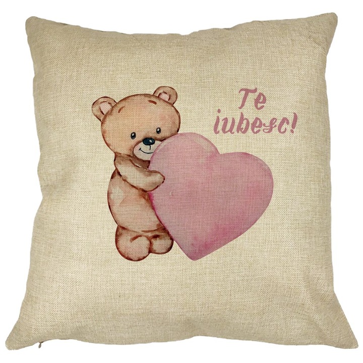 Perna Personalizata Ursulet cu Inima - Te Iubesc, Model Ziua Indragostitilor, 40x40 cm, Husa Detasabila, Burduf