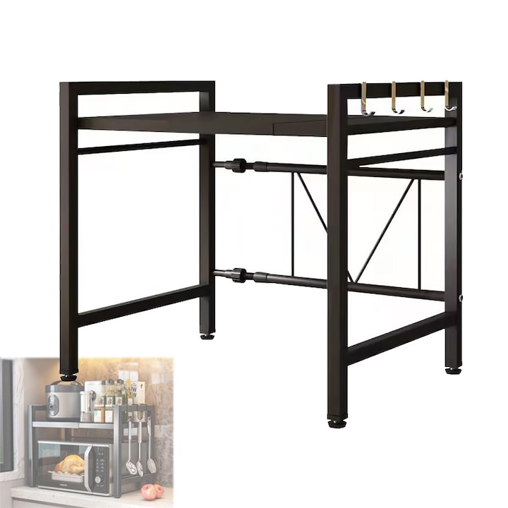 Raft metalic cuptor cu microunde, etajera ajustabila, Metal, 4 Carlige, Negru, 42-60 x 36 x 46 cm