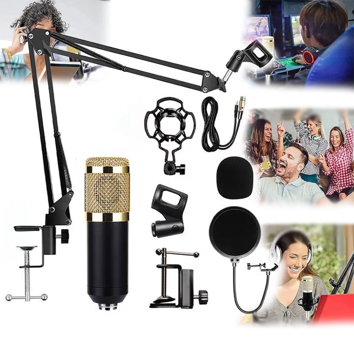 Microfon Profesional de Studio Condenser cu stand inclus pentru Inregistrare Vocala, Streaming, Gaming, Karaoke, Negru