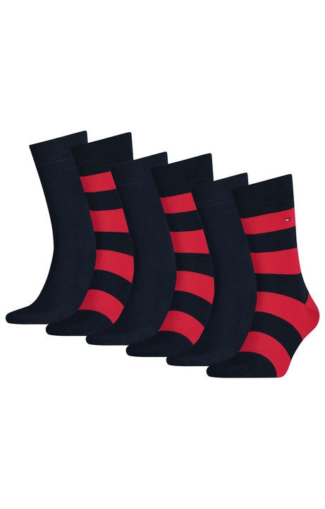 Tommy Hilfiger, Set de sosete lungi cu dungi - 6 perechi, Rosu/Negru/Bleumarin