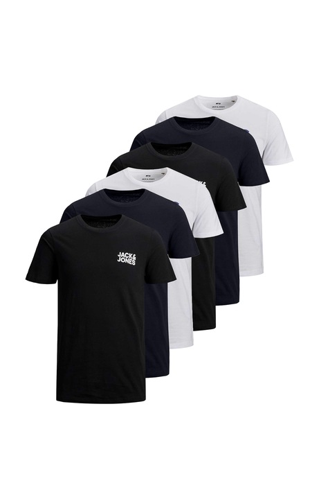 Jack & Jones, Set de tricouri de bumbac cu logo JJECORP - 6 piese, Alb/Negru/Bleumarin