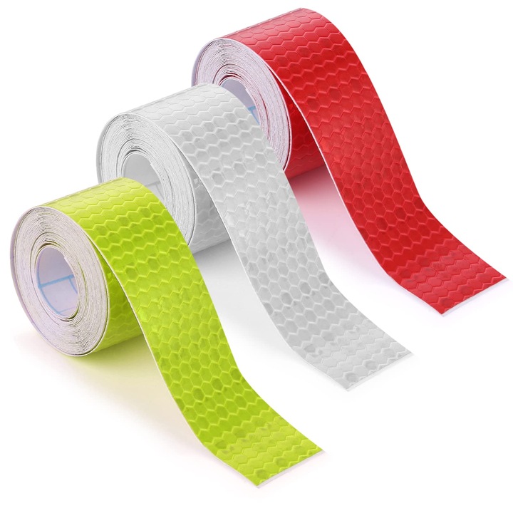 Комплект от 3 самозалепващи светлоотразителни ленти, JENUOS®, идеални за велосипеди и автомобили, 3 м, бяло/червено/жълто