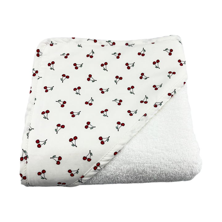 Prosop din bumbac cu gluga, alb, cirese, pentru bebelusi si copii, 90x90cm, Bebelusenii Concept