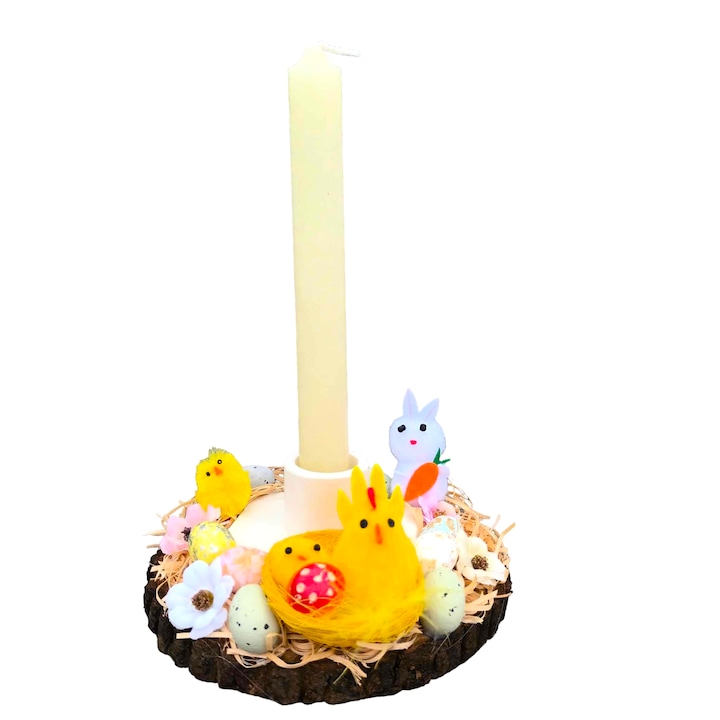 Aranjament pe felie de lemn, cu iepuras, puisori si lumanare, de Paste, 20x15 cm