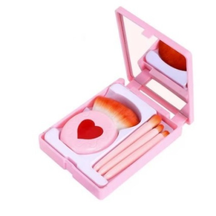 Комплект от 4 мини четки за грим, Flippy, преносими, в калъф с огледало, изработени от мек синтетичен косъм, розови, сърцевидна шарка, 12x7x2,5 cm