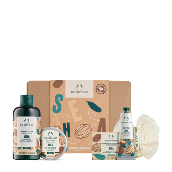Set Nourish & Flourish Shea The Body Shop, Crema de dus Shea 250ml+Unt de corp Shea 50ml+Balsam de maini Shea 30ml+Sapun de Shea 100g+Mini burete de baie, The Body Shop