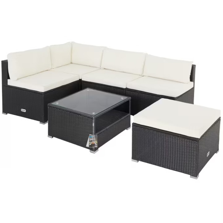 Set mobilier gradina/terasa Casaria, negru, canapea coltar si masa, cu perne pentru sezut si spatar, 16 piese