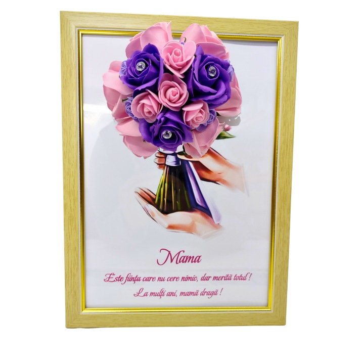 Tablou in rama A4 (30x21 cm) - Mama, Este fiinta care nu cere nimic, dar merita totul! La multi ani, mama draga! - v3 decorat cu flori de sapun roz - mov