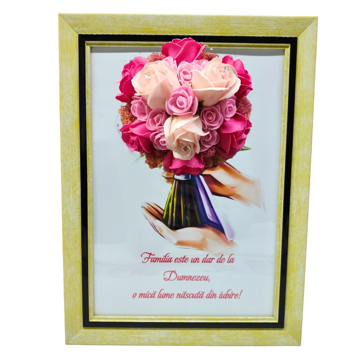 Tablou in rama A4 (30x21 cm) - Familia este un dar de la Dumnezeu, o mica lume nascuta din iubire! - v1 decorat cu flori de sapun roz - roz pal