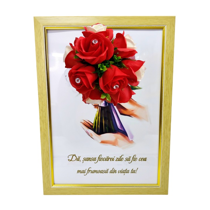 Tablou in rama A4 (30x21 cm) - Da sansa fiecarei zile sa fie cea mai frumoasa din viata ta! - v3 decorat cu flori de sapun rosii