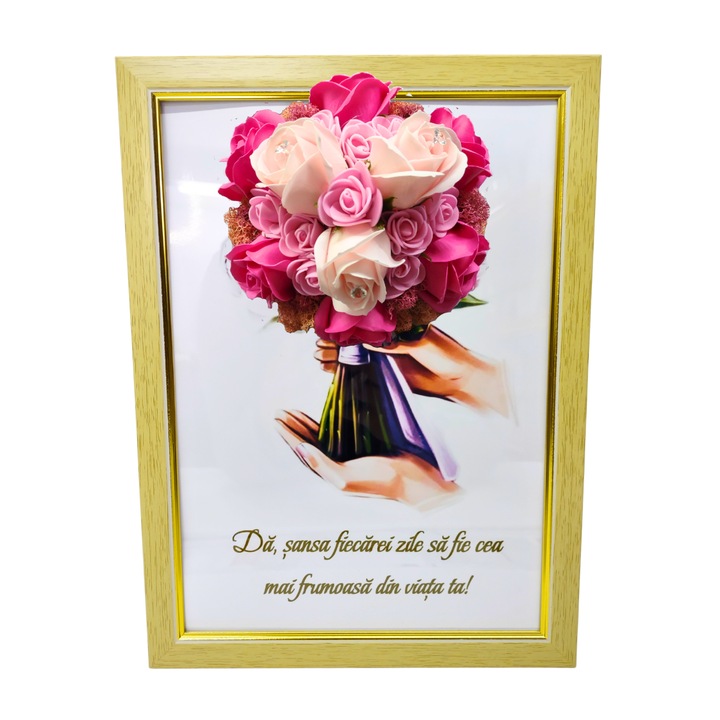 Tablou in rama A4 (30x21 cm) - Da sansa fiecarei zile sa fie cea mai frumoasa din viata ta! - v3 decorat cu flori de sapun roz - roz pal