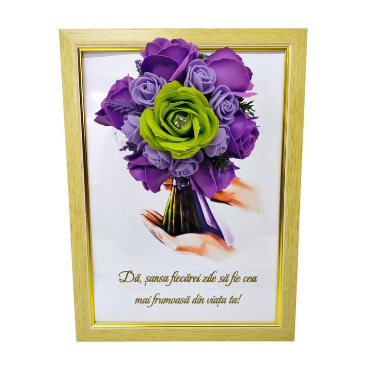 Tablou in rama A4 (30x21 cm) - Da sansa fiecarei zile sa fie cea mai frumoasa din viata ta! - v3 decorat cu flori de sapun verde - mov