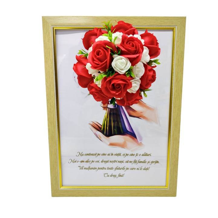 Tablou in rama A4 (30x21 cm) - Nu conteaza pe cine ai in viata, ci pe cine ti-e alaturi - v3 decorat cu flori de sapun rosu - alb