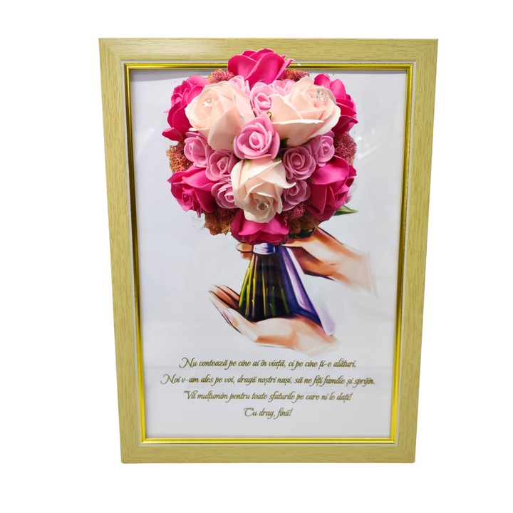 Tablou in rama A4 (30x21 cm) - Nu conteaza pe cine ai in viata, ci pe cine ti-e alaturi - v3 decorat cu flori de sapun roz - roz pal