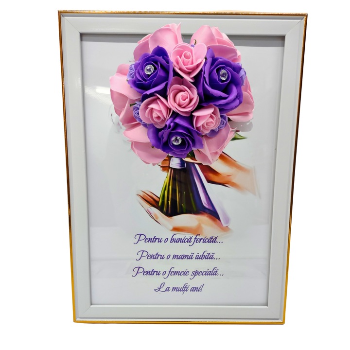 Tablou in rama A4 (30x21 cm) - Pentru o bunica fericita, pentru o mama iubita, pentru o femeie speciala, la multi ani! - v2 decorat cu flori de sapun mov - roz