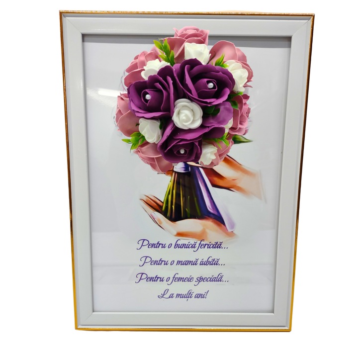 Tablou in rama A4 (30x21 cm) - Pentru o bunica fericita, pentru o mama iubita, pentru o femeie speciala, la multi ani! - v2 decorat cu flori de sapun visiniu - roz pal