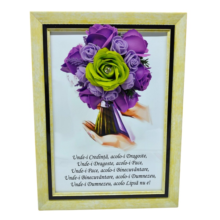 Tablou in rama A4 (30x21 cm) - Binecuvantarea Casei - v1 decorat cu flori de sapun verde - mov