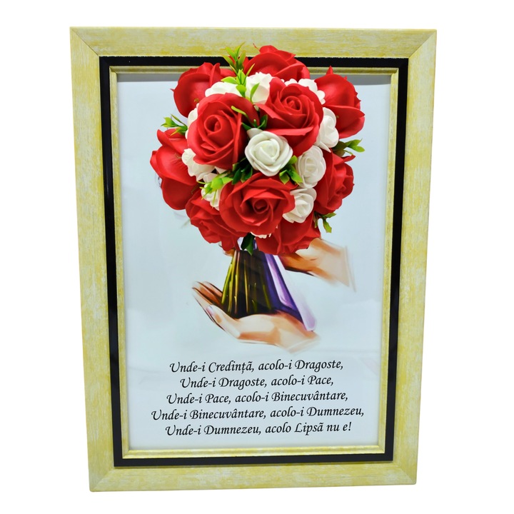 Tablou in rama A4 (30x21 cm) - Binecuvantarea Casei - v1 decorat cu flori de sapun rosu-alb