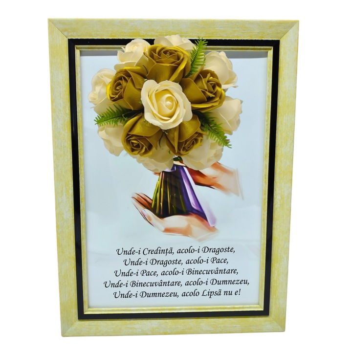 Tablou in rama A4 (30x21 cm) - Binecuvantarea Casei - v1 decorat cu flori de sapun galben-auriu