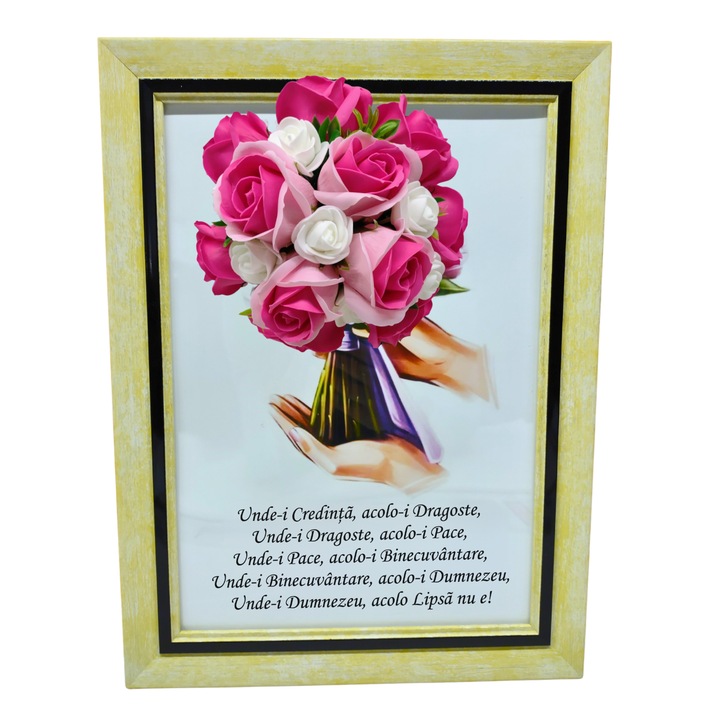 Tablou in rama A4 (30x21 cm) - Binecuvantarea Casei - v1 decorat cu flori de sapun roz-roz inchis
