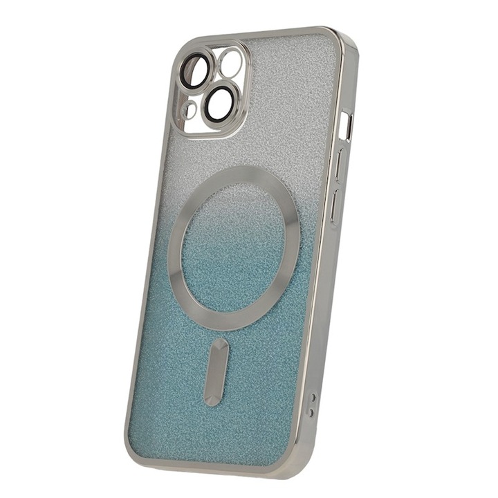iPhone 15 Plus kompatibilis szilikon hátlaptok, MagSafe kompatibilis, kamera védelem, csillámos, ezüst-kék, Glitter Chrome Mag