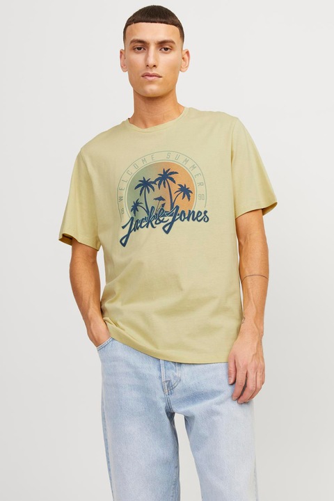 Jack & Jones, Тениска с овално деколте и принт, Каки/Тъмносин