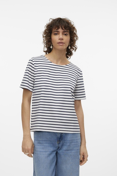 Vero Moda, Тениска с цип на гърба, Бял/Тъмносин