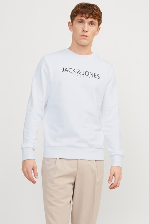 Jack & Jones, Суитшърт с памук с овално деколте, Бял