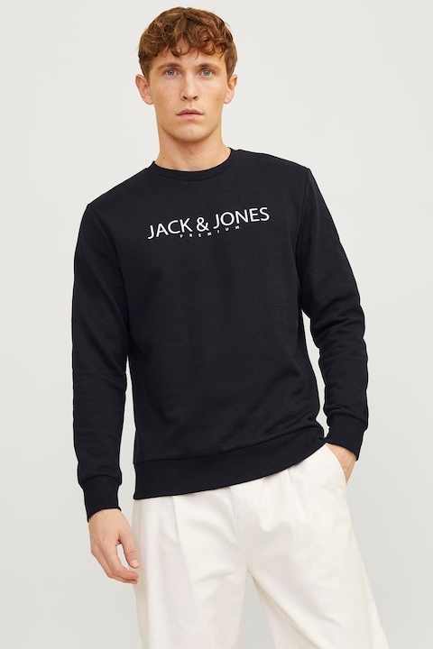 Jack & Jones, Kerek nyakú pamuttartalmú pulóver logóval, Fekete