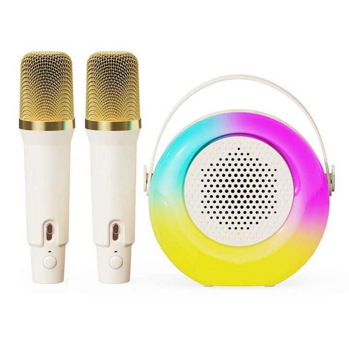 Set 2 Microfon Karaoke, cu boxa, copii si adulti, Bluetooth, Wireless, Suport Tyce - C / AUX / TF, ≥85dB, Efecte vocale, Portabi, ideal pentru petreceri, sundiguer, Alb
