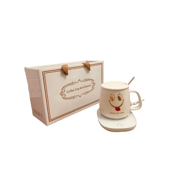 Комплект керамични чаши, с подгряване, Бяла със златист надпис Как си ...